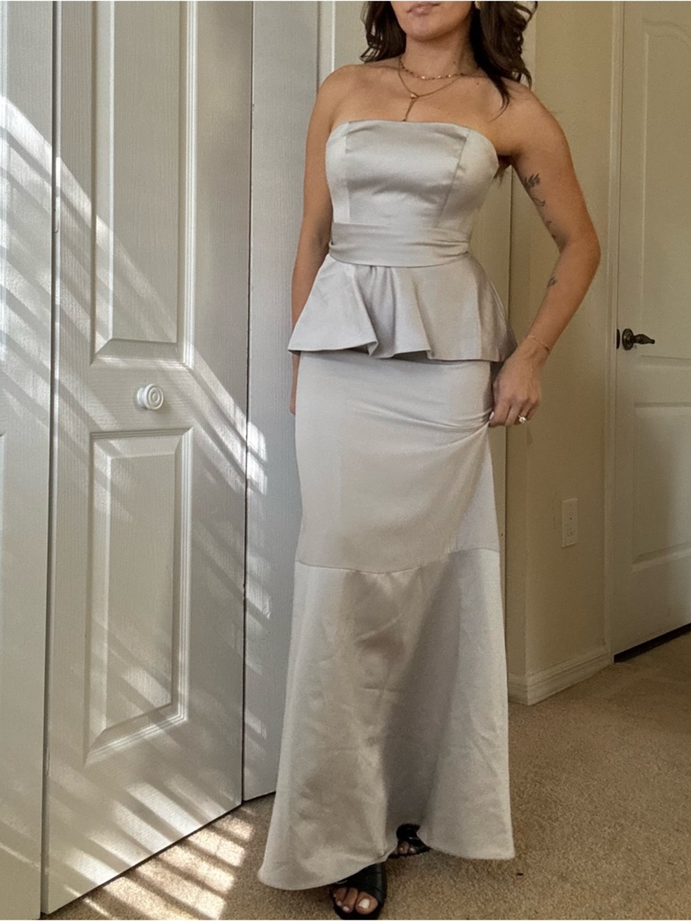 Vera Wang Silver Strapless Peplum Gown